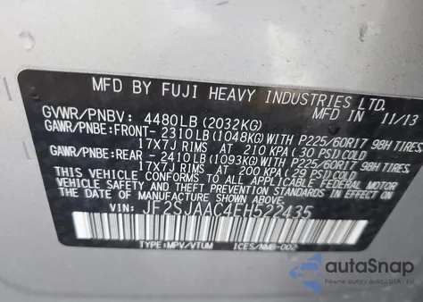 2014 Subaru Forester 2.5I z USA, uszkodzony, nr VIN JF2SJAAC4EH522435